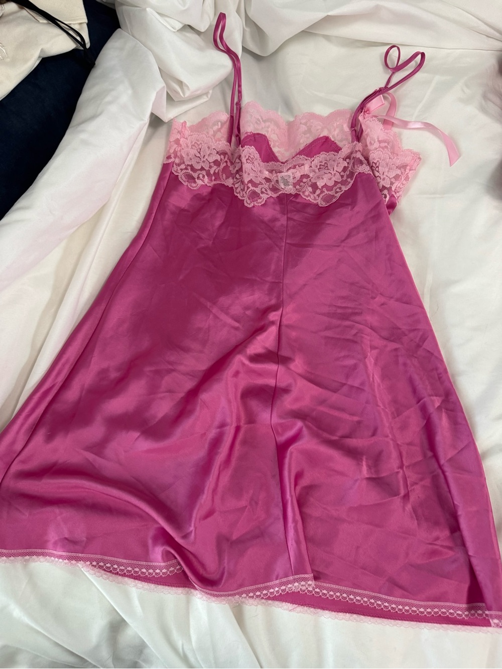 Victoria's Secret Hot Pink Satin Chemise with Light Pink Lace